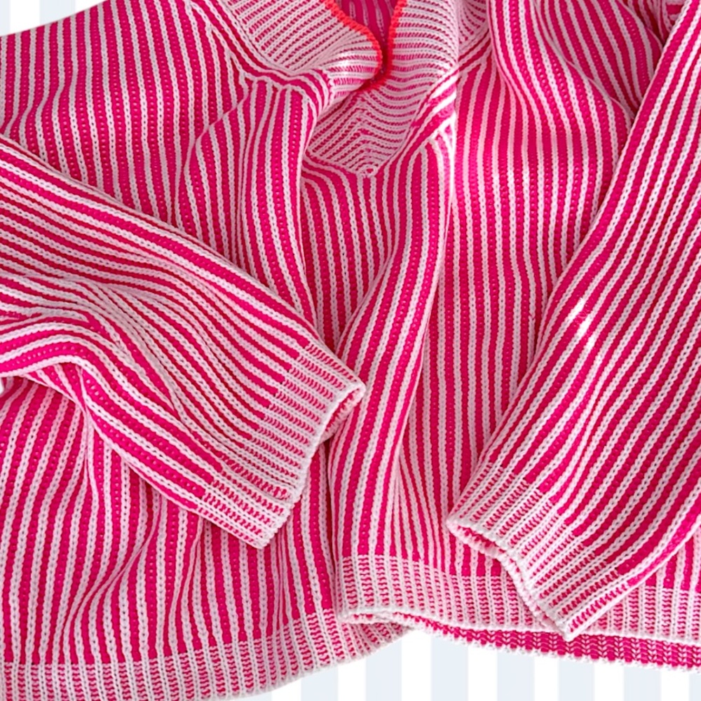 Pink and White Striped V-Neck Knit Sweater w Relaxed Boxy Fit LG/OS